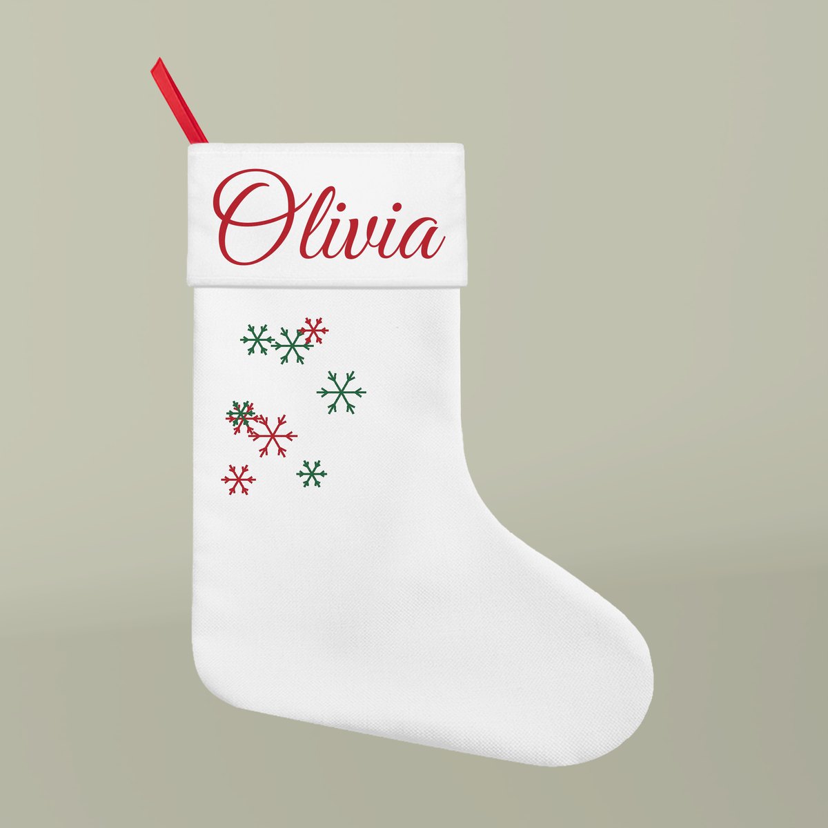 Personalised Christmas stocking mockup with the name Olivia in red script